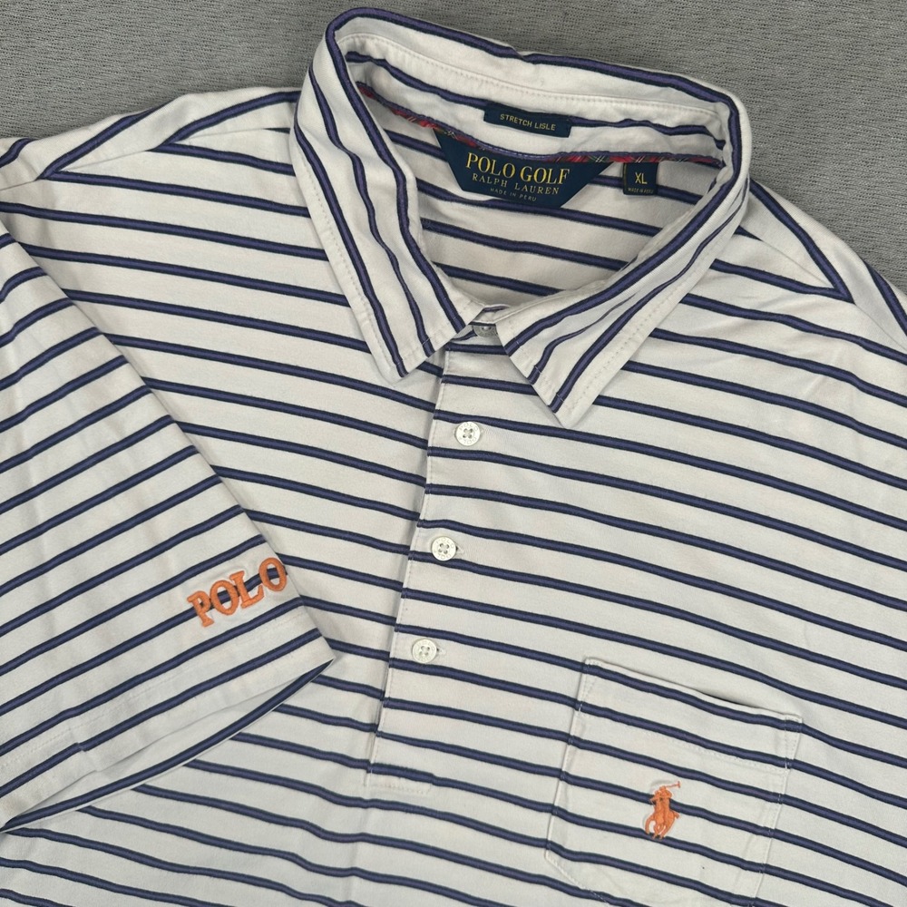 Polo Golf Ralph Lauren Shirt Men XL White Striped Pima Stretch Lisle Orange Pony
